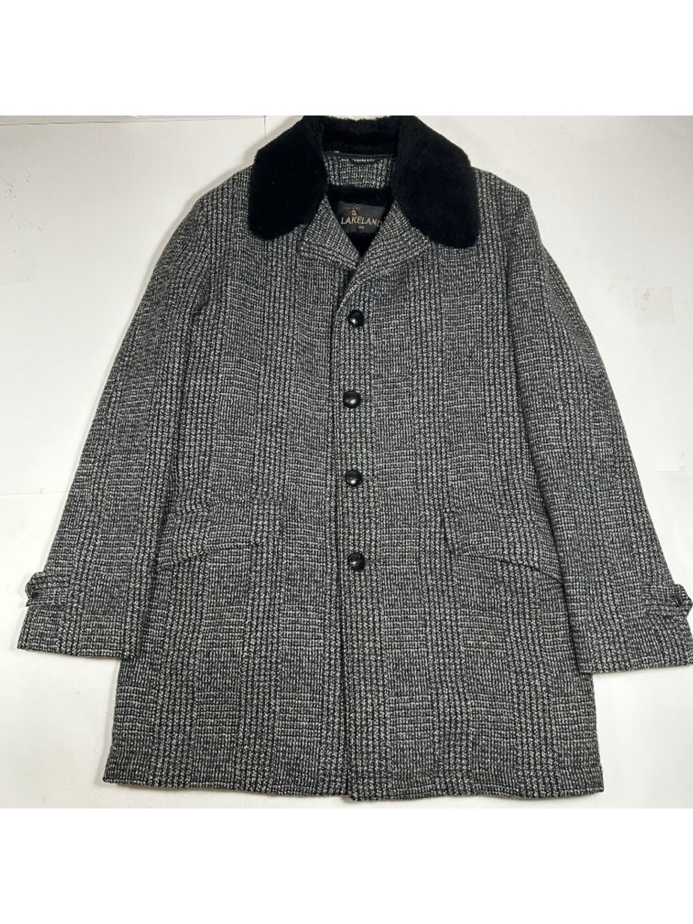 Vtg Lakeland Tweed Wool Coat Men Herringbone Plaid Faux Fur Lined Heavy Sz 40